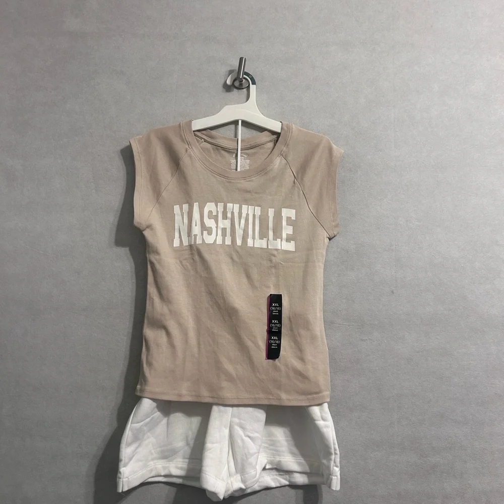 Nashville print Text girls Tan Shirt white fold sweat shorts SZ XXL art class - Picture 7 of 7
